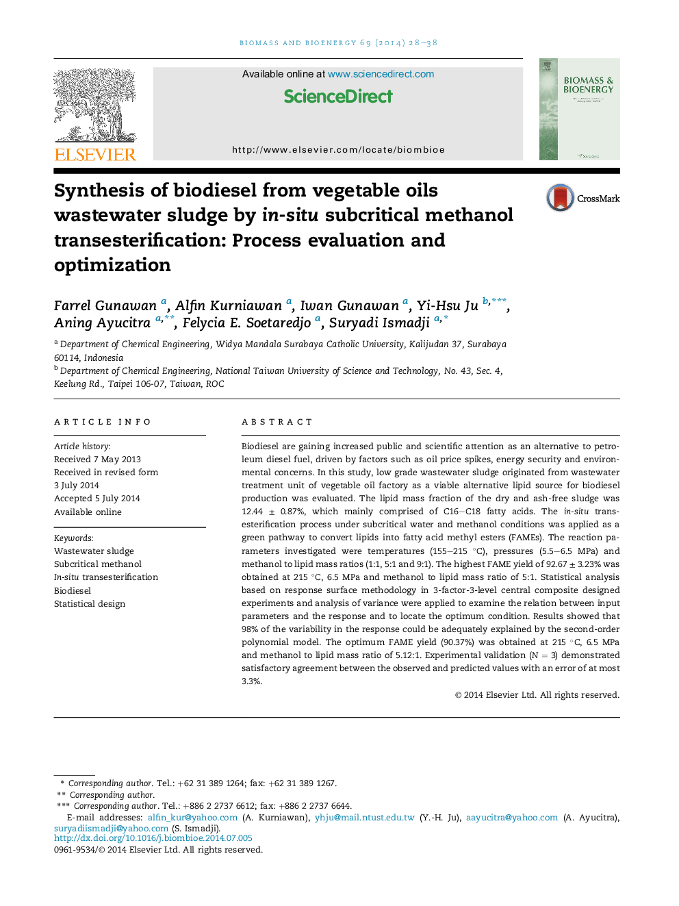 سنتز بیودیزل از لجن فاضلاب روغن های گیاهی از طریق فرآیند استنشاق متانول زیر کریستالی در محل: ارزیابی و بهینه سازی فرایند 