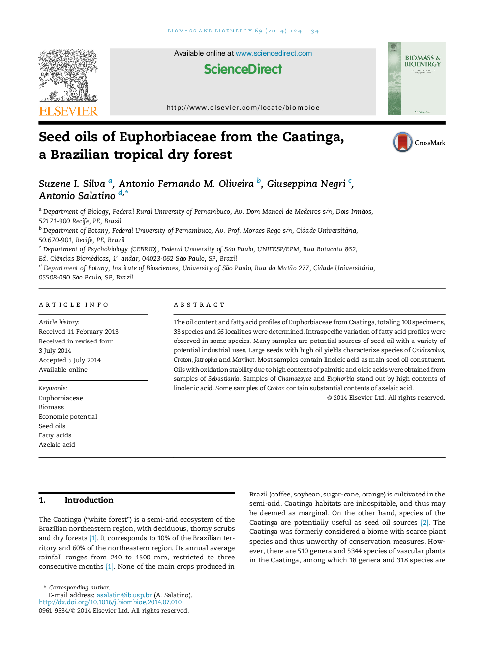 Seed oils of Euphorbiaceae from the Caatinga, a Brazilian tropical dry forest