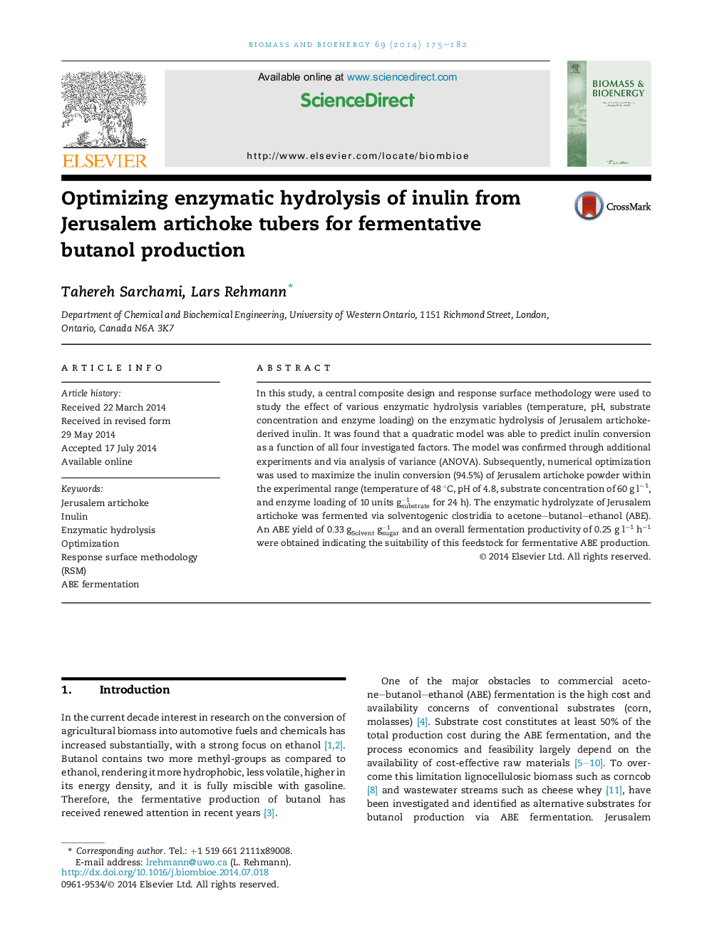 Optimizing enzymatic hydrolysis of inulin from Jerusalem artichoke tubers for fermentative butanol production