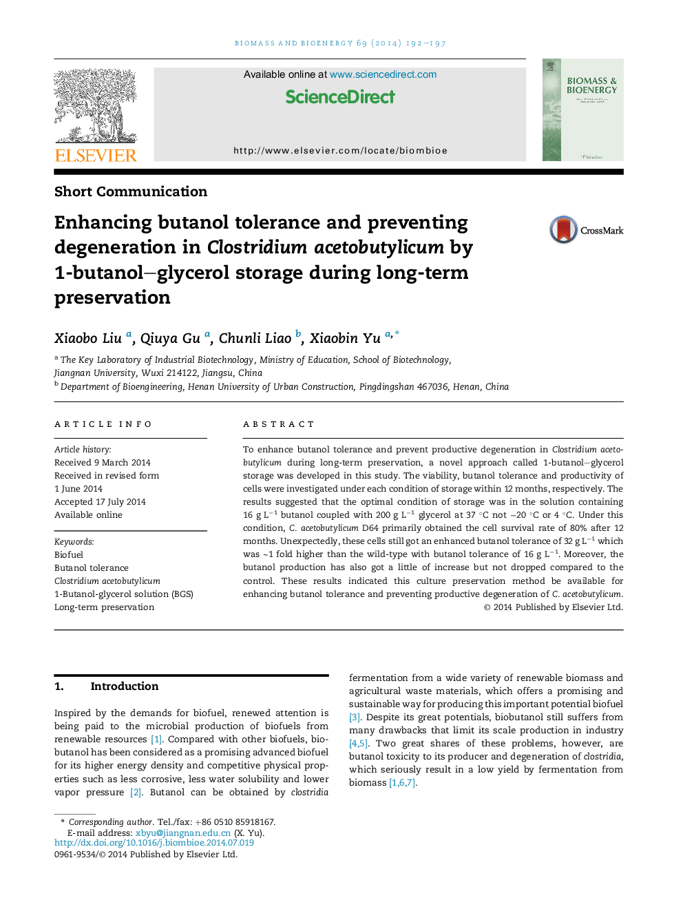 Enhancing butanol tolerance and preventing degeneration in Clostridium acetobutylicum by 1-butanol-glycerol storage during long-term preservation