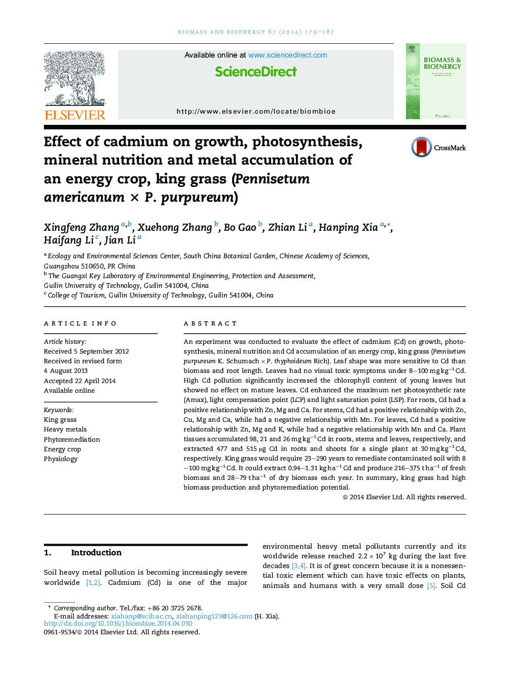 Effect of cadmium on growth, photosynthesis, mineral nutrition and metal accumulation of anÂ energy crop, king grass (Pennisetum americanumÂ ÃÂ P. purpureum)