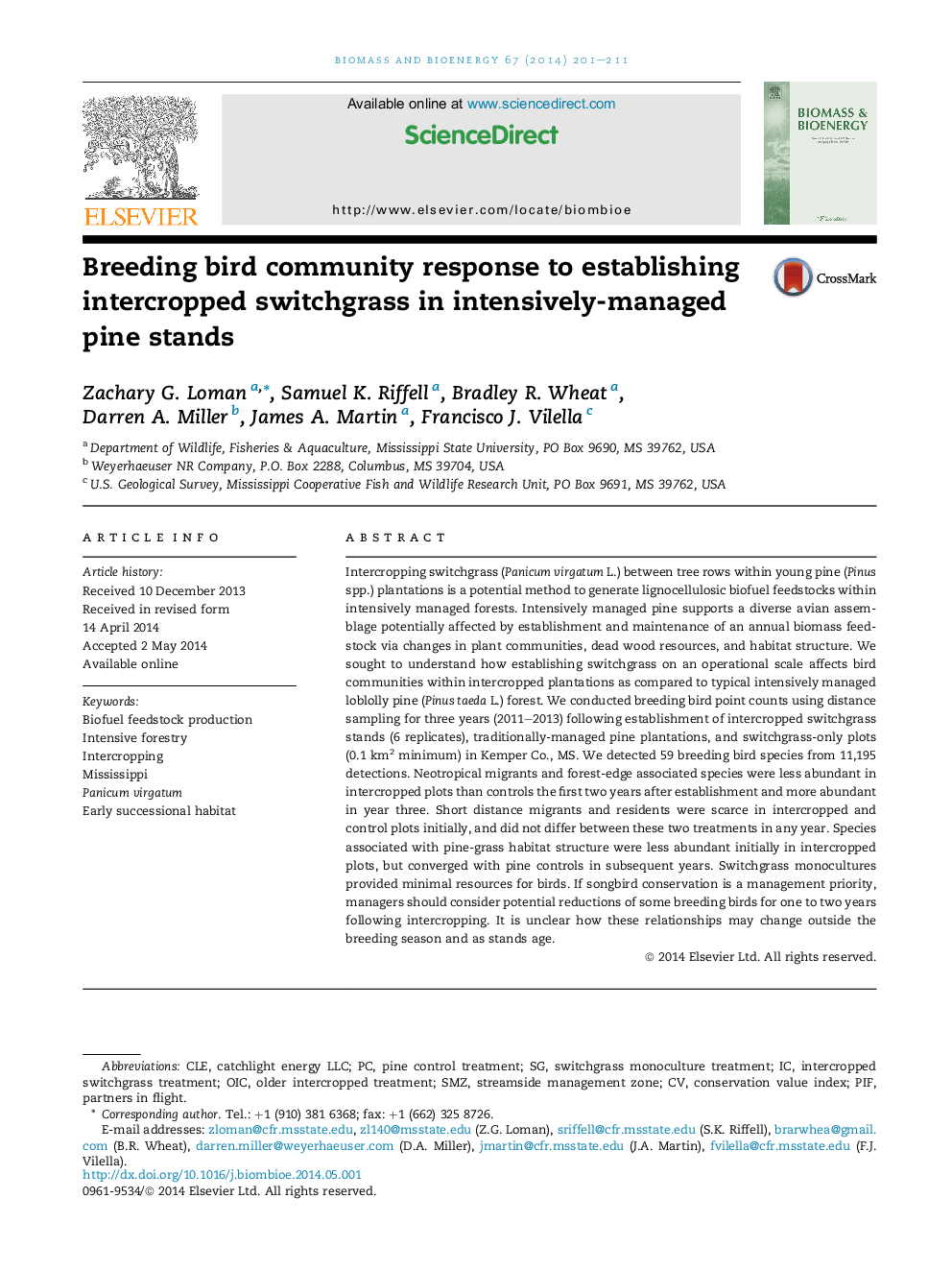 Breeding bird community response to establishing intercropped switchgrass in intensively-managed pine stands