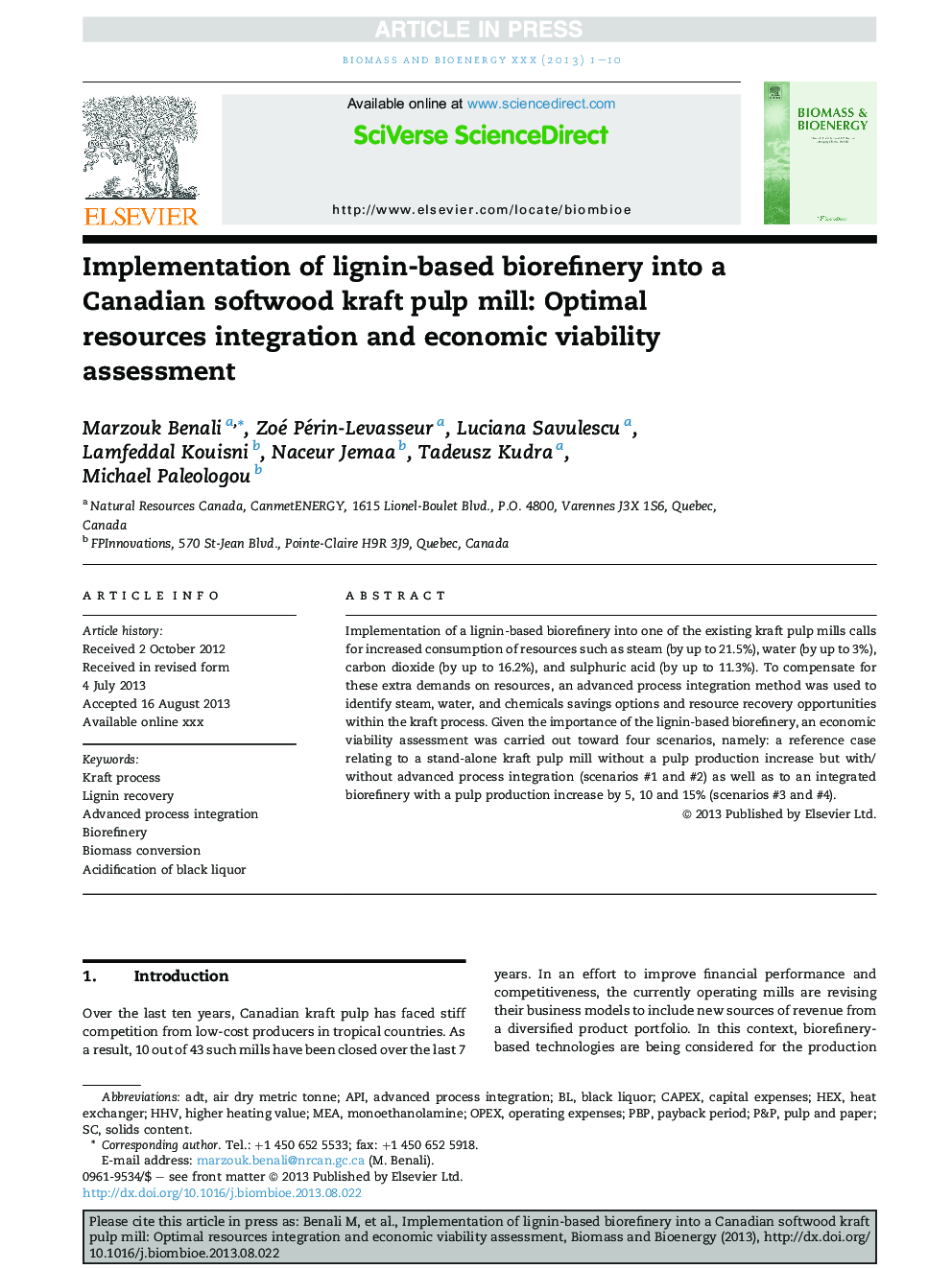 Implementation of lignin-based biorefinery into a Canadian softwood kraft pulp mill: Optimal resources integration and economic viability assessment