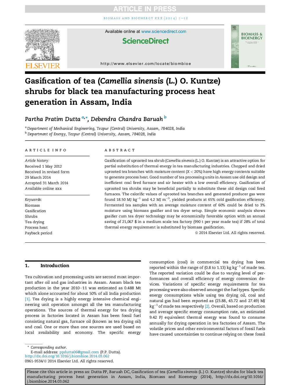 Gasification of tea (Camellia sinensis (L.) O. Kuntze) shrubs for black tea manufacturing process heat generation in Assam, India