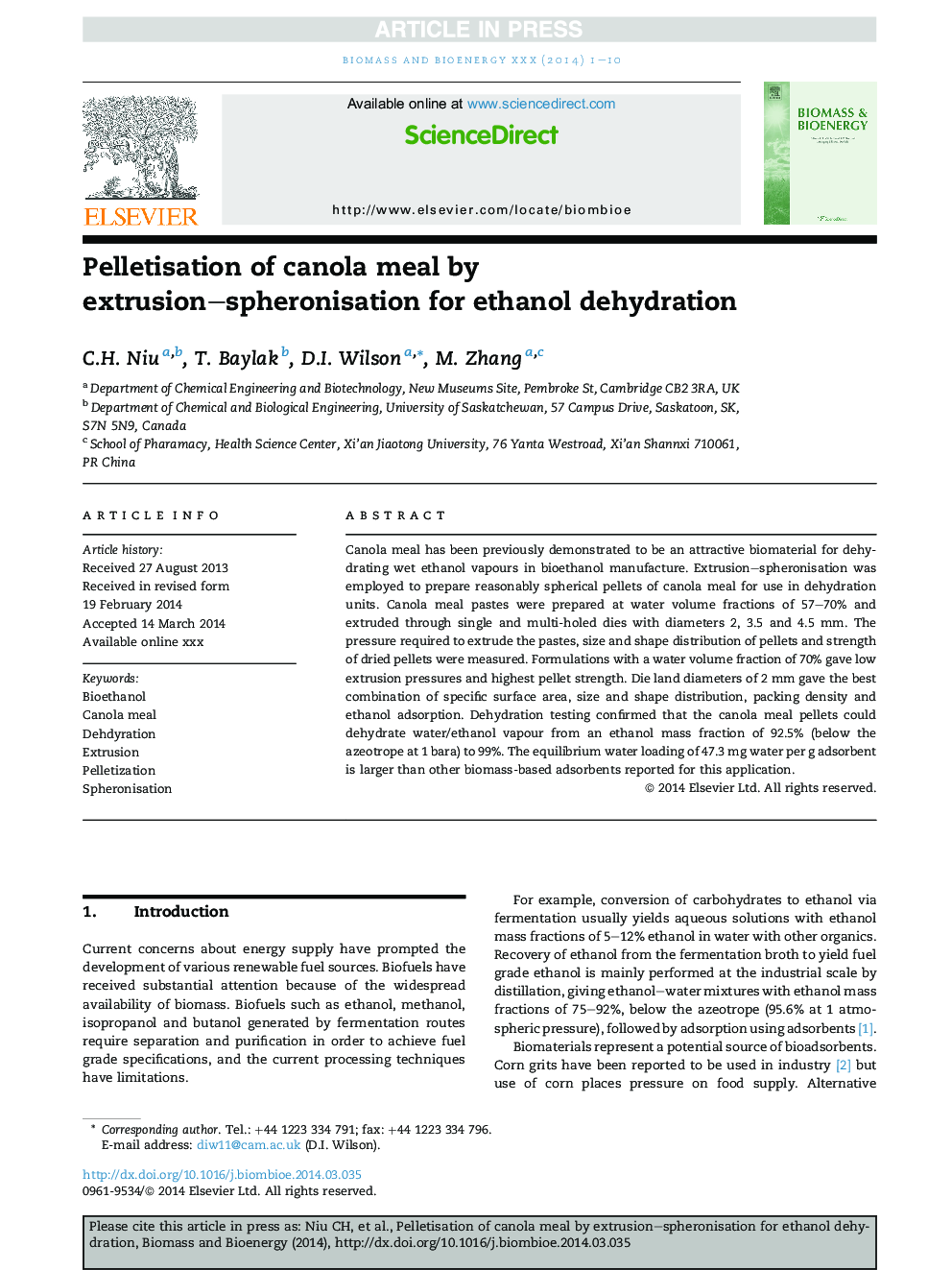 Pelletisation of canola meal by extrusion-spheronisation for ethanol dehydration