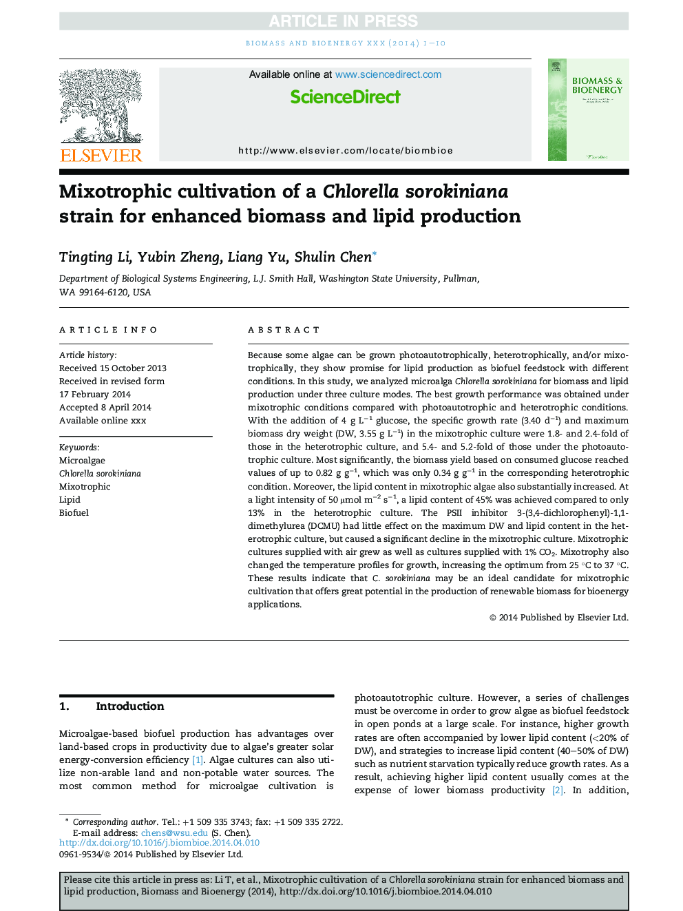 Mixotrophic cultivation of a Chlorella sorokiniana strain for enhanced biomass and lipid production