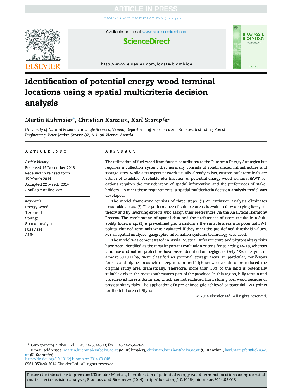 Identification of potential energy wood terminal locations using a spatial multicriteria decision analysis