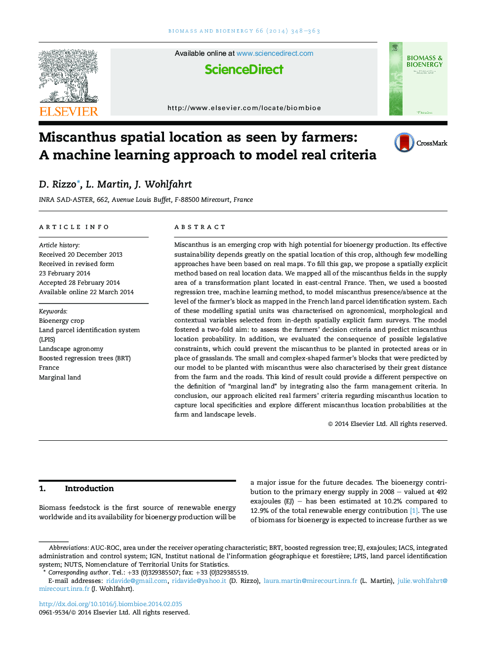 Miscanthus spatial location as seen by farmers: AÂ machine learning approach to model real criteria