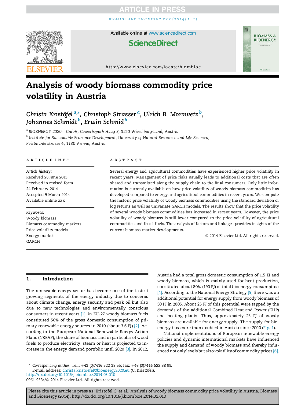 Analysis of woody biomass commodity price volatility in Austria