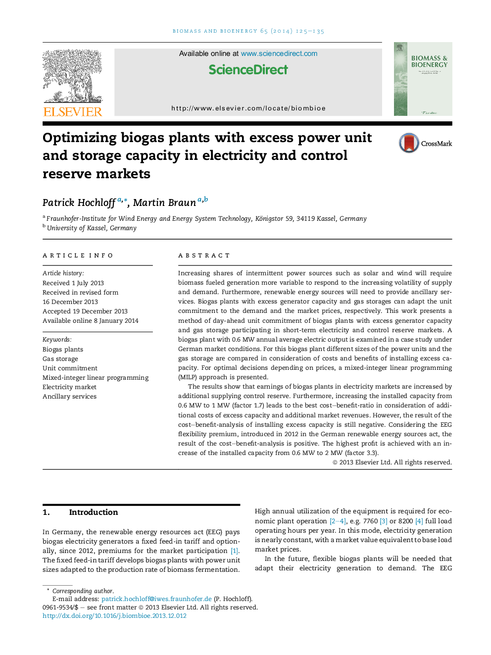 Optimizing biogas plants with excess power unit and storage capacity in electricity and control reserve markets