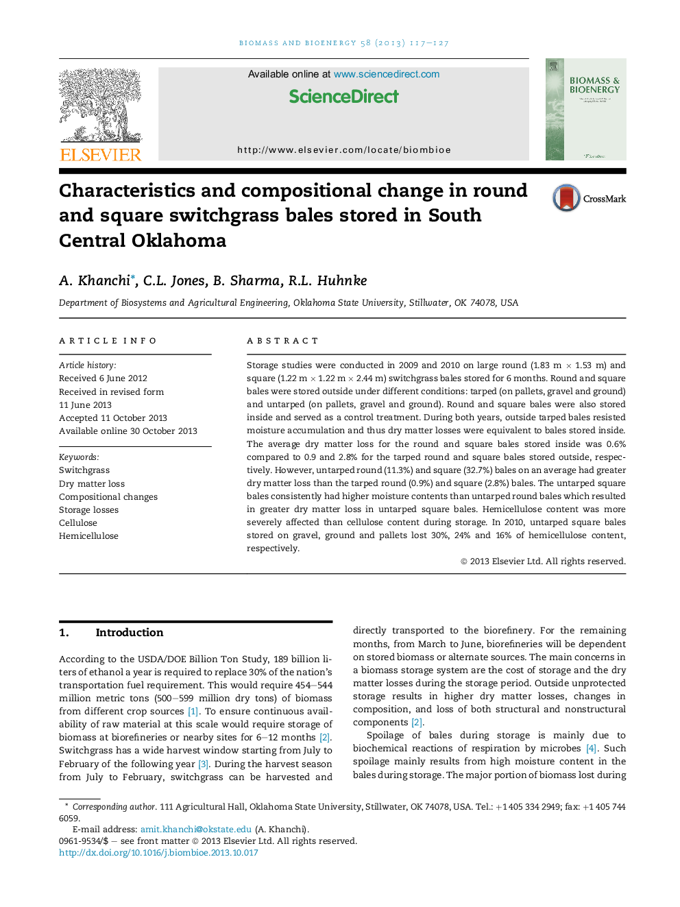 Characteristics and compositional change in round and square switchgrass bales stored in South Central Oklahoma