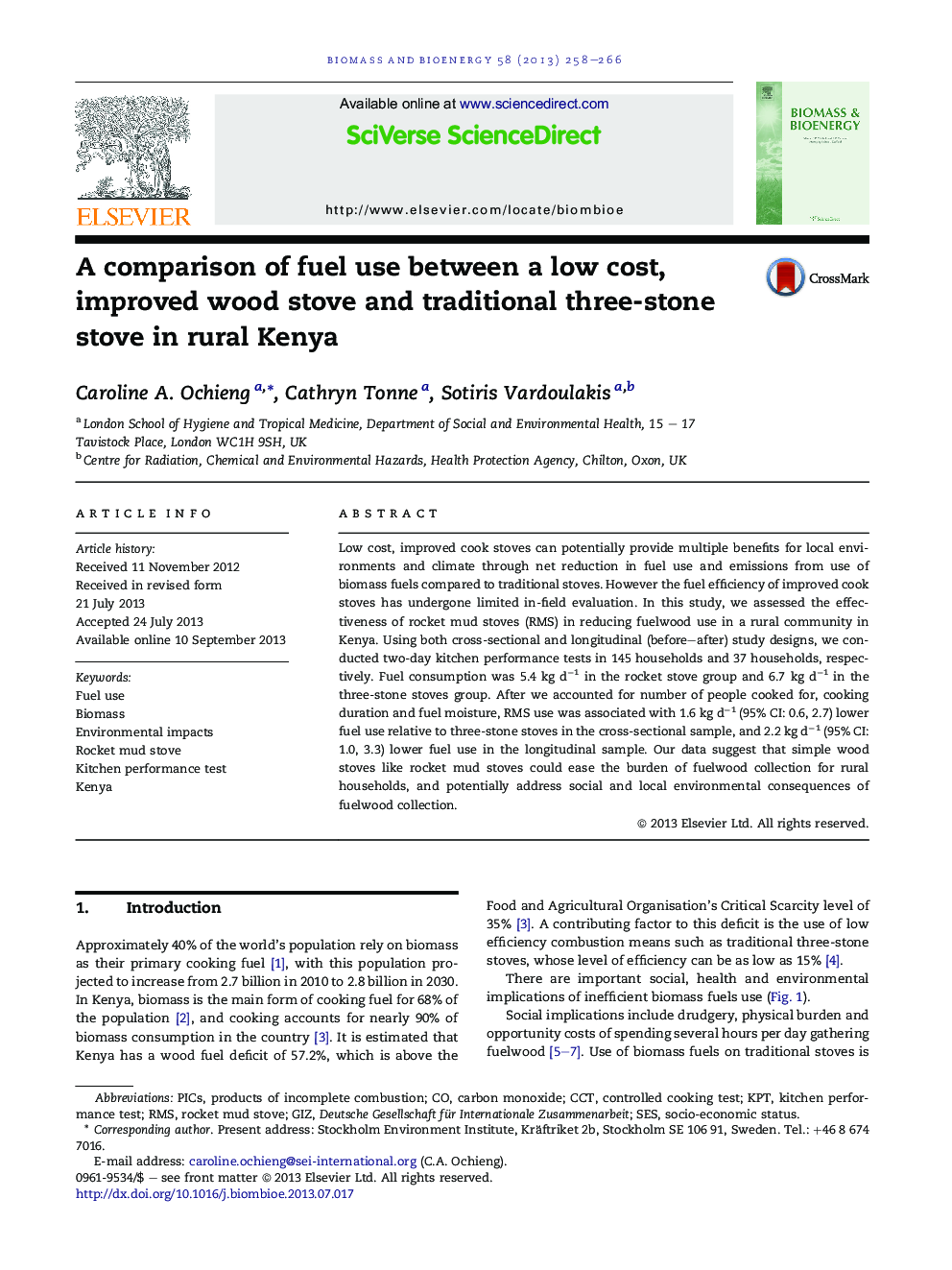 A comparison of fuel use between a low cost, improved wood stove and traditional three-stone stove in rural Kenya