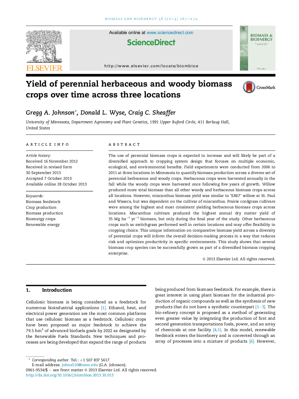 Yield of perennial herbaceous and woody biomass crops over time across three locations