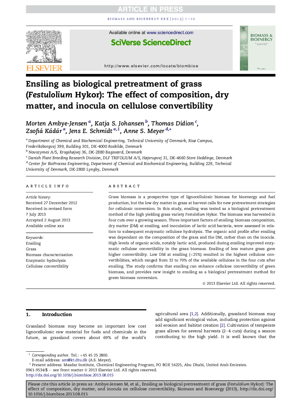 Ensiling as biological pretreatment of grass (Festulolium Hykor): The effect of composition, dry matter, and inocula on cellulose convertibility