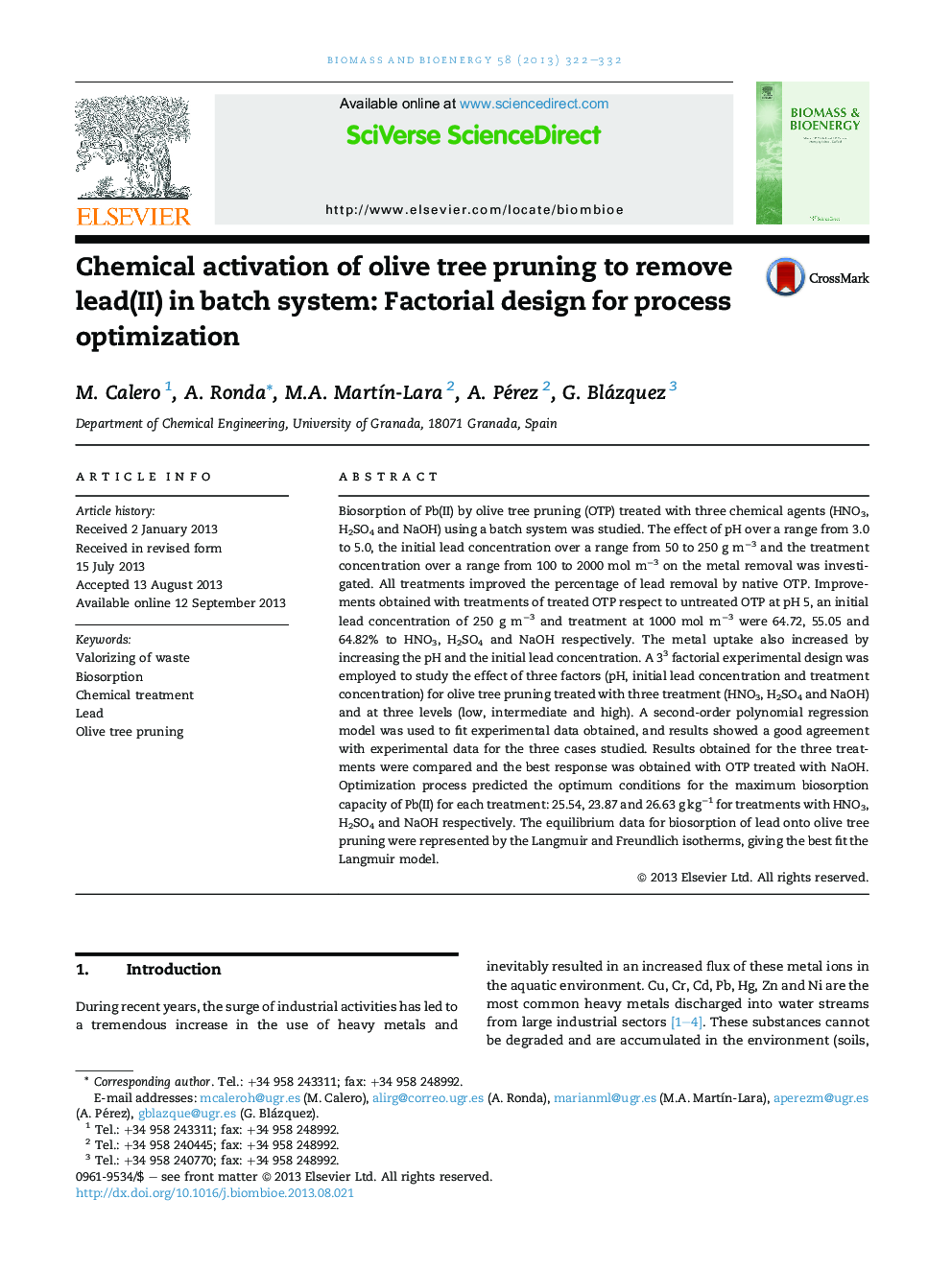 Chemical activation of olive tree pruning to remove lead(II) in batch system: Factorial design for process optimization