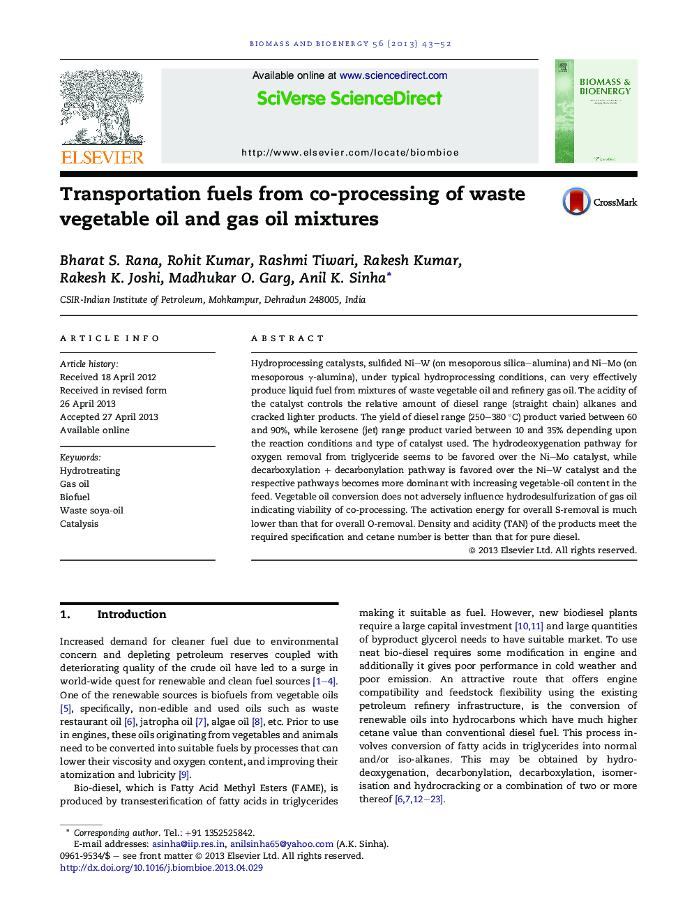 Transportation fuels from co-processing of waste vegetable oil and gas oil mixtures