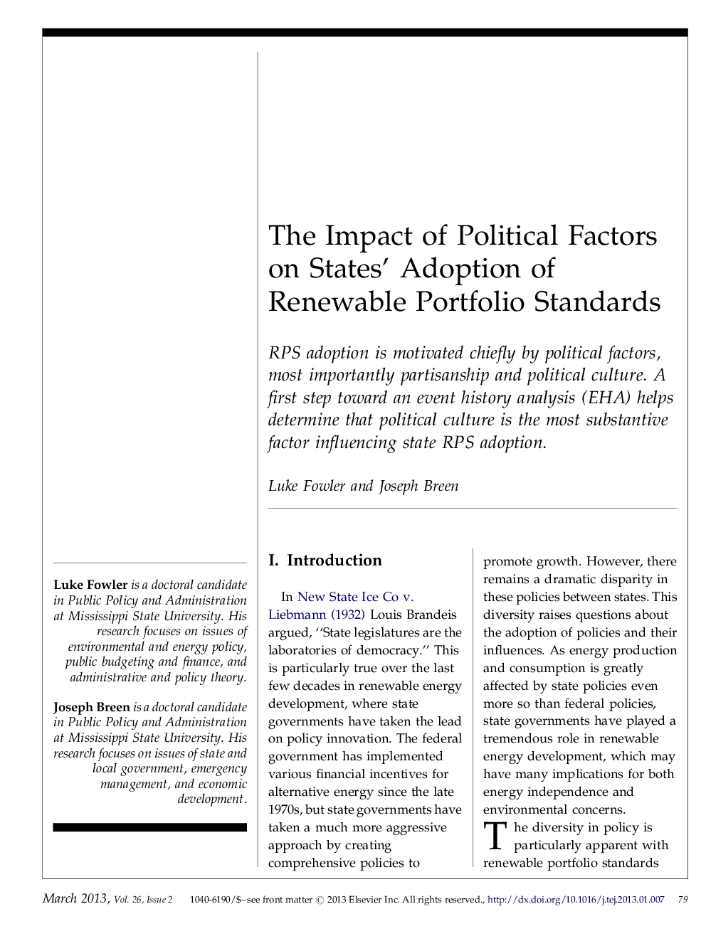 The Impact of Political Factors on States’ Adoption of Renewable Portfolio Standards