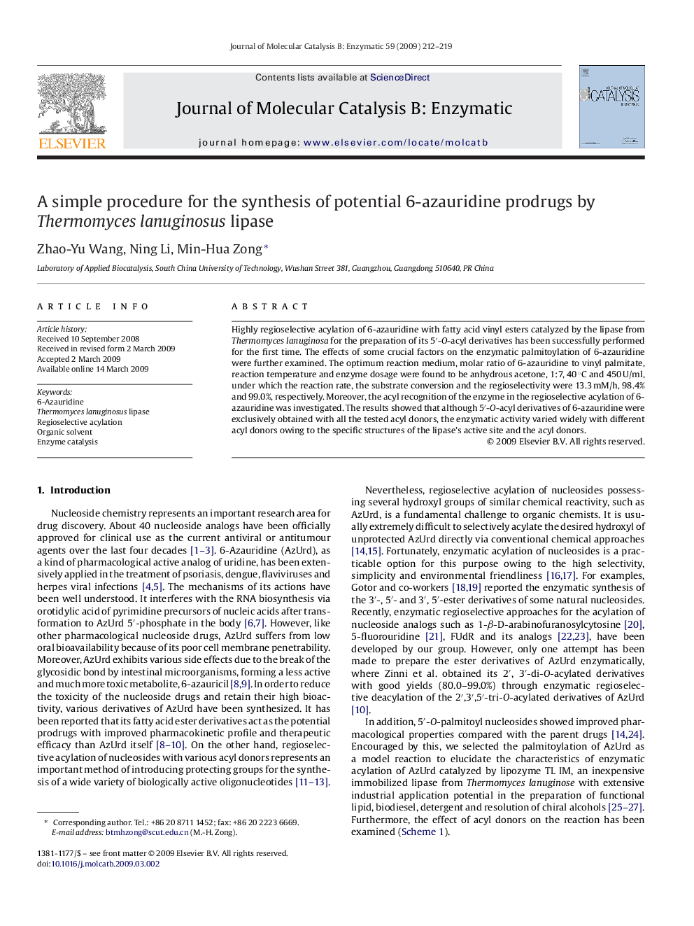 عکس صفحه اول مقاله: A simple procedure for the synthesis of potential 6-azauridine prodrugs by Thermomyces lanuginosus lipase A simple procedure for the synthesis of potential 6-azauridine prodrugs by Thermomyces lanuginosus lipase