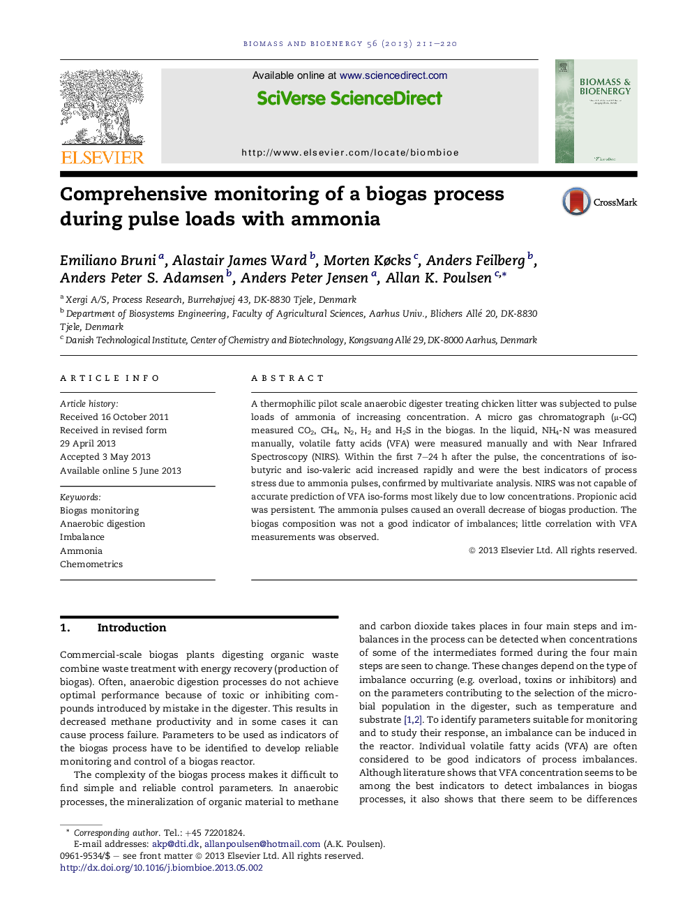 Comprehensive monitoring of a biogas process during pulse loads with ammonia