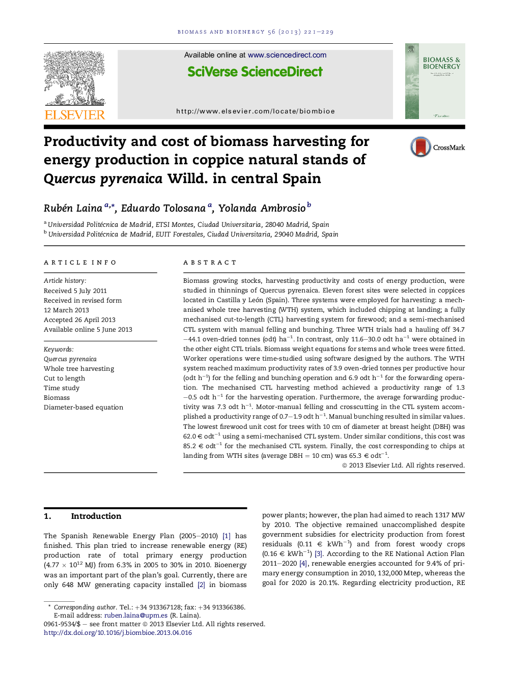 Productivity and cost of biomass harvesting for energy production in coppice natural stands of Quercus pyrenaica Willd. in central Spain