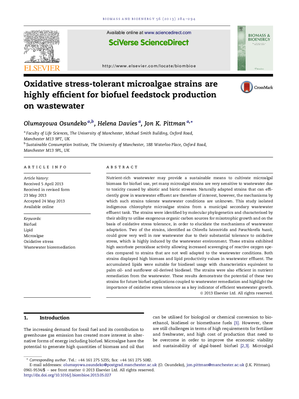 Oxidative stress-tolerant microalgae strains are highly efficient for biofuel feedstock production onÂ wastewater