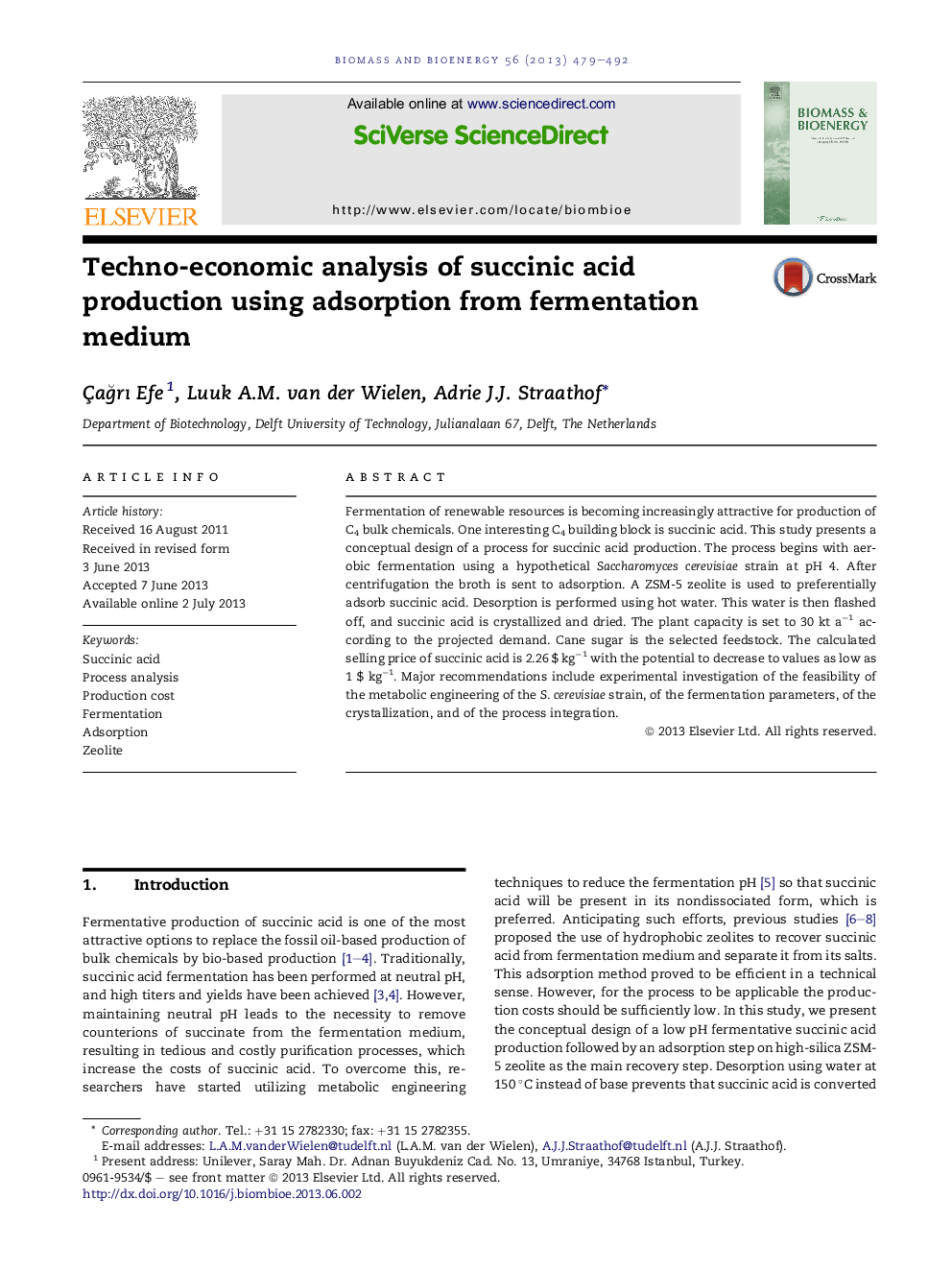 Techno-economic analysis of succinic acid production using adsorption from fermentation medium