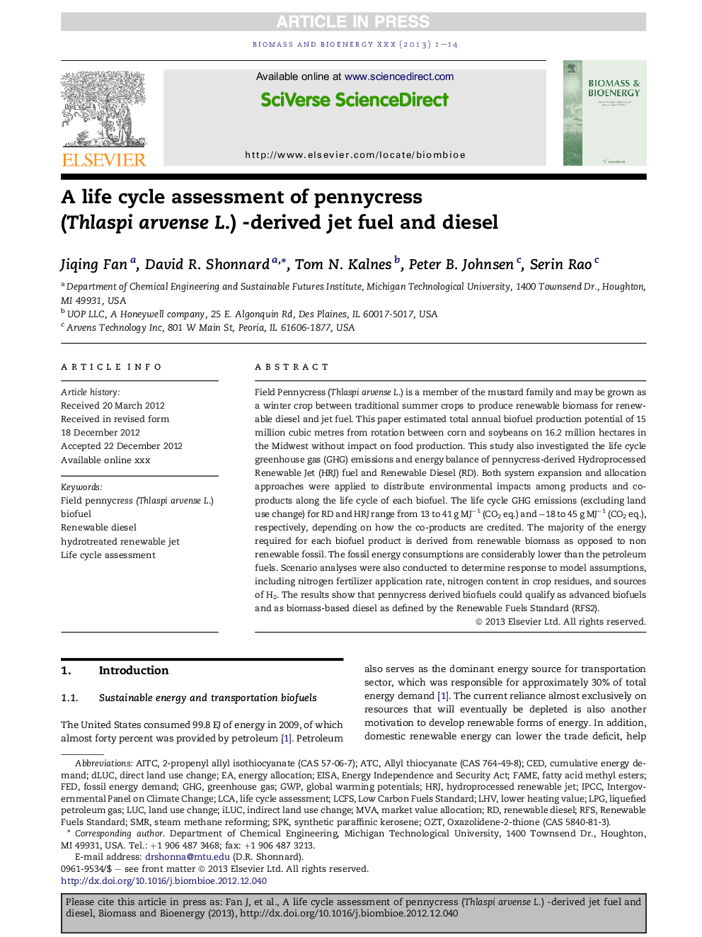 A life cycle assessment of pennycress (Thlaspi arvense L.) -derived jet fuel and diesel