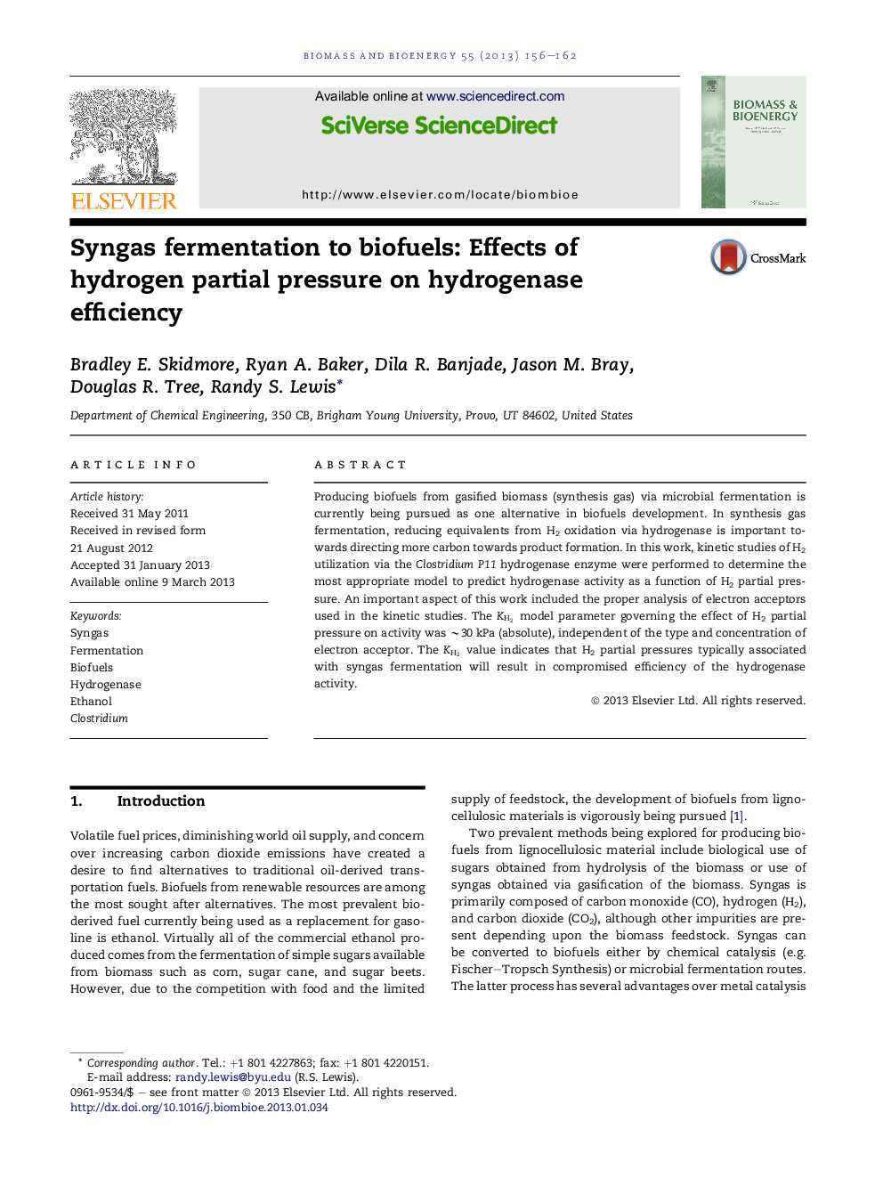 Syngas fermentation to biofuels: Effects of hydrogen partial pressure on hydrogenase efficiency