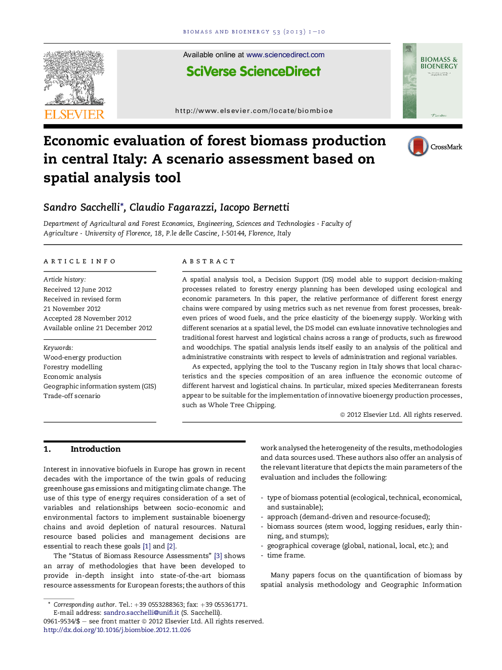 Economic evaluation of forest biomass production in central Italy: A scenario assessment based on spatial analysis tool