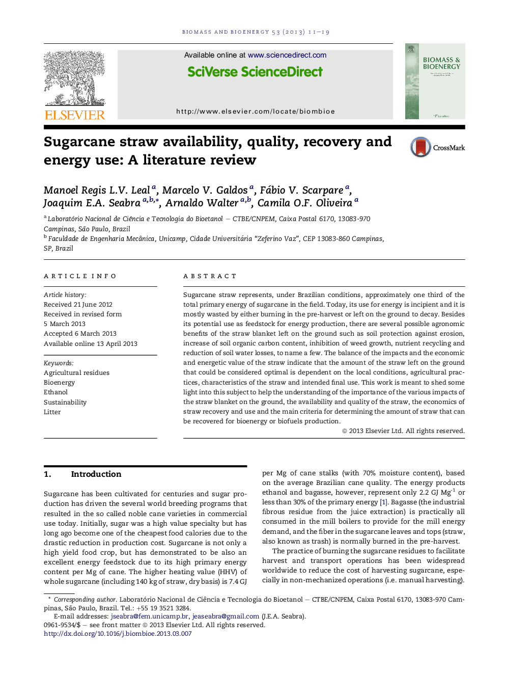 Sugarcane straw availability, quality, recovery and energy use: A literature review