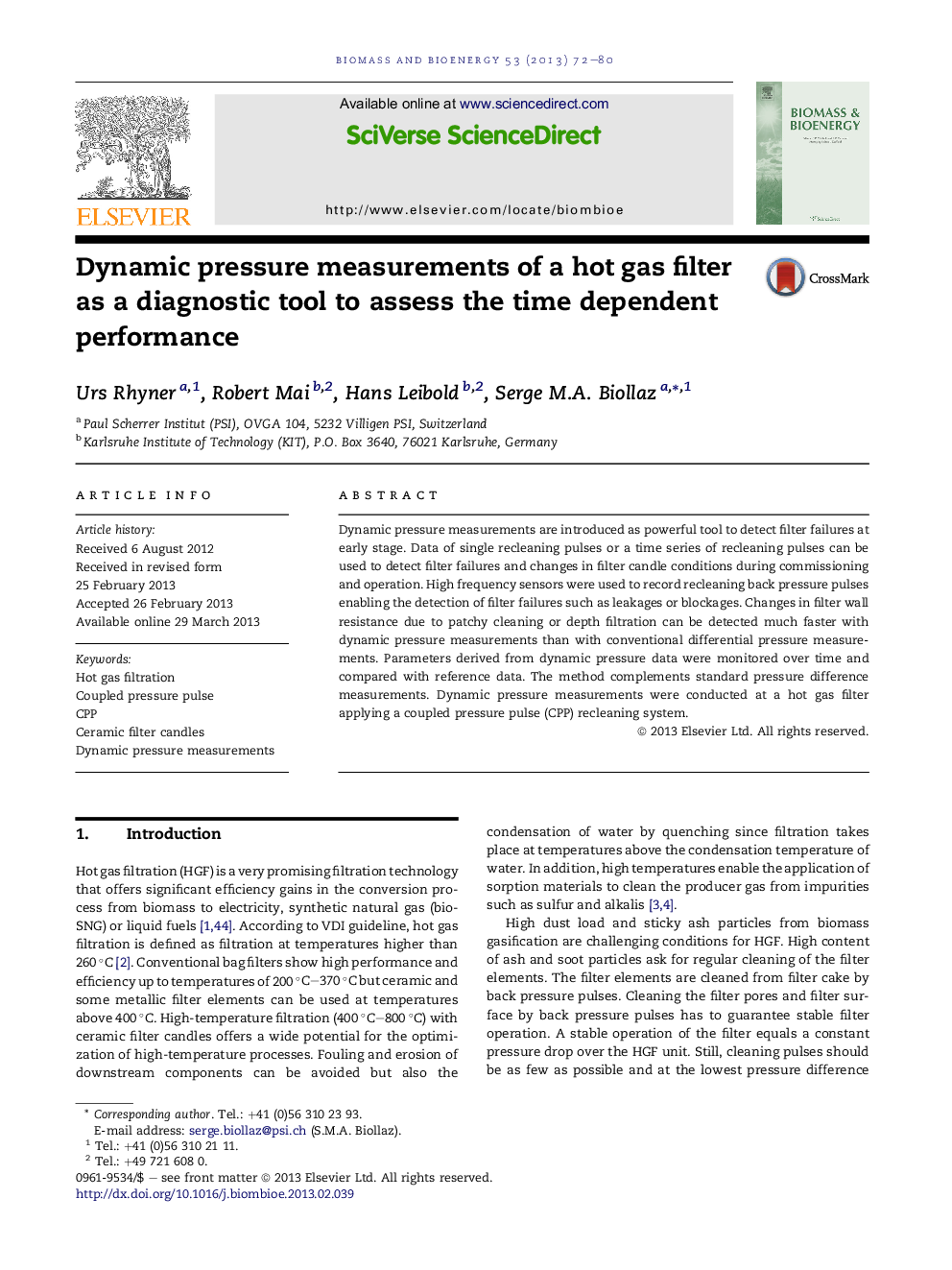 Dynamic pressure measurements of a hot gas filter as a diagnostic tool to assess the time dependent performance