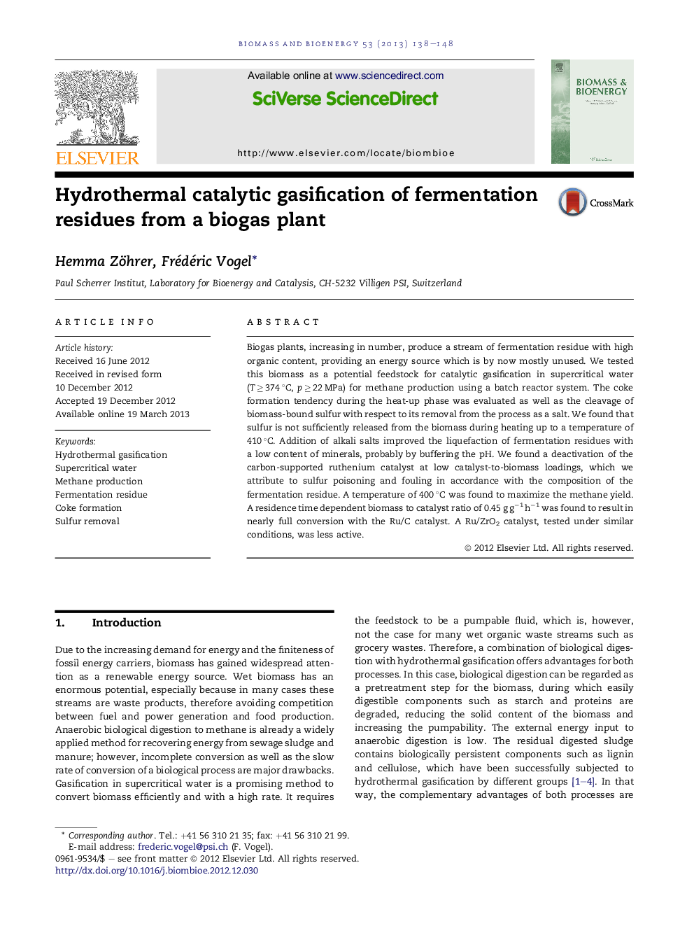 گازاژسی کاتالیزور هیدروترمال از بقایای تخمیر از گیاه بیوگاز 