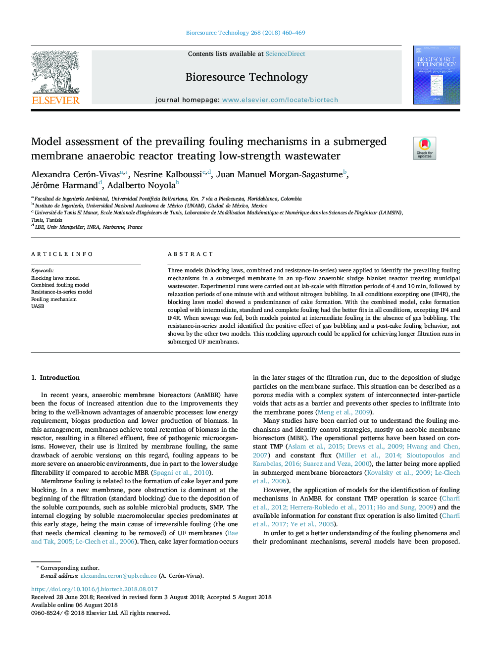 Model assessment of the prevailing fouling mechanisms in a submerged membrane anaerobic reactor treating low-strength wastewater