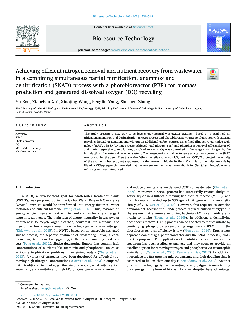 Achieving efficient nitrogen removal and nutrient recovery from wastewater in a combining simultaneous partial nitrification, anammox and denitrification (SNAD) process with a photobioreactor (PBR) for biomass production and generated dissolved oxygen (DO