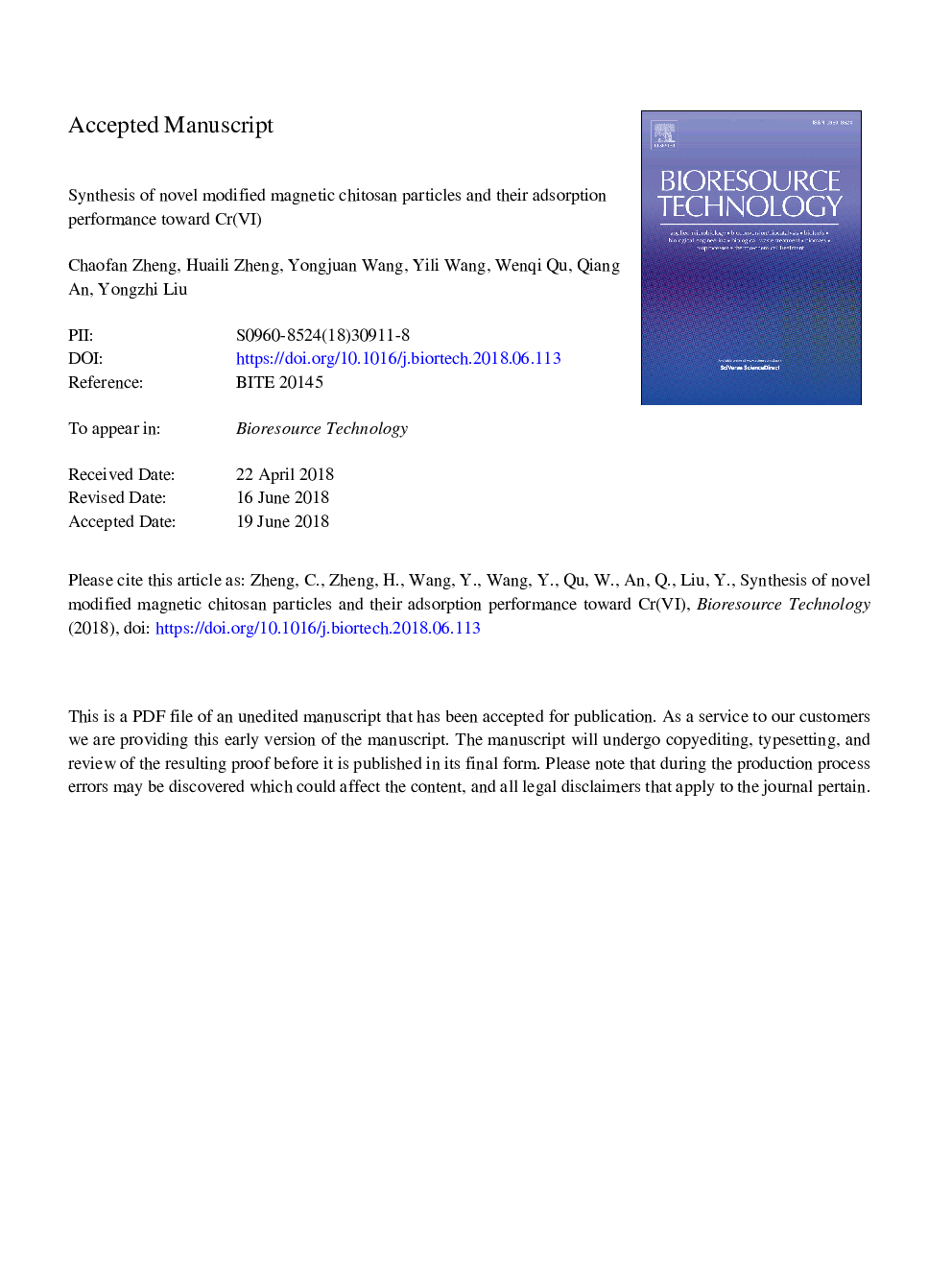 Synthesis of novel modified magnetic chitosan particles and their adsorption performance toward Cr(VI)