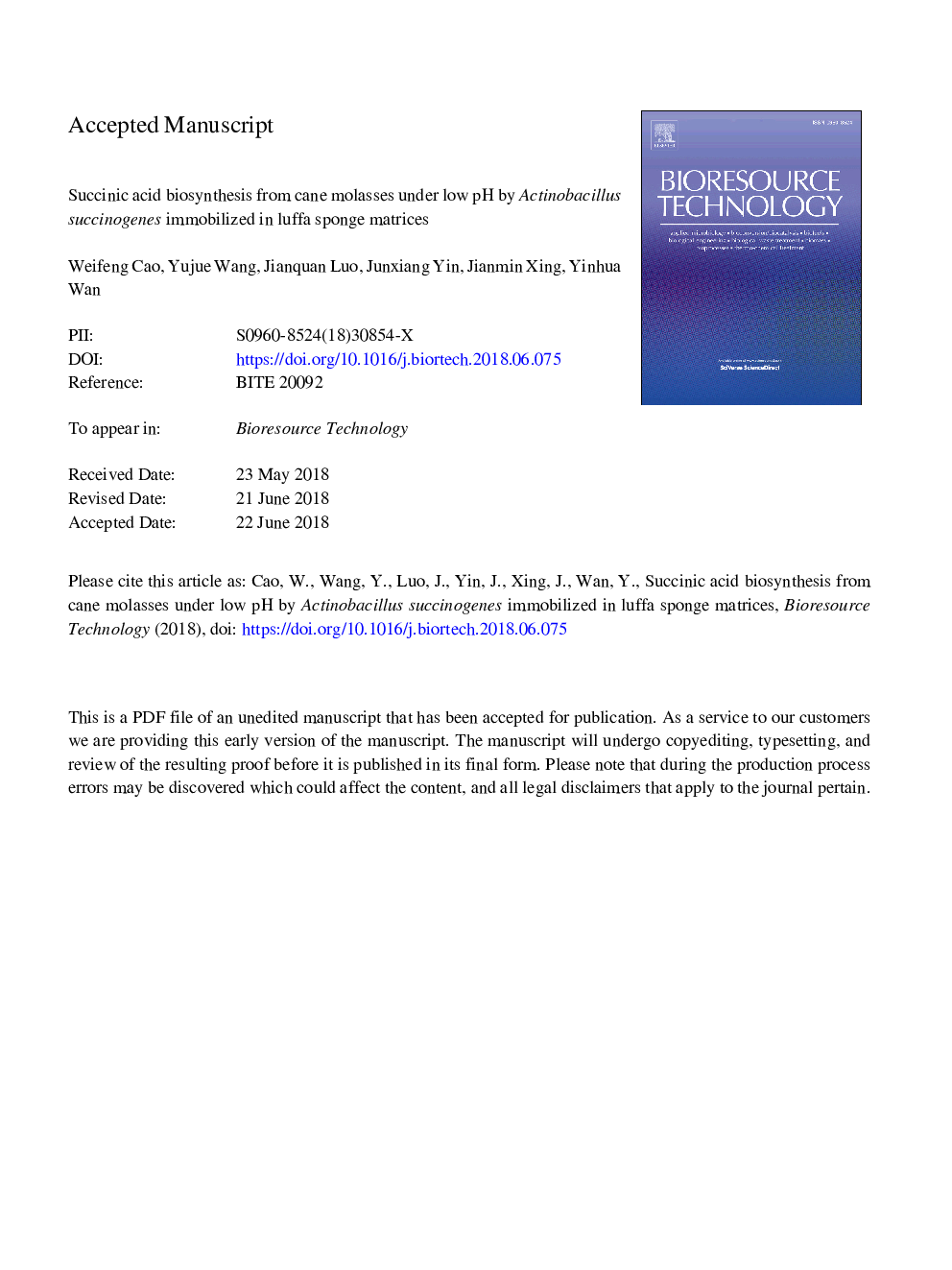 Succinic acid biosynthesis from cane molasses under low pH by Actinobacillus succinogenes immobilized in luffa sponge matrices