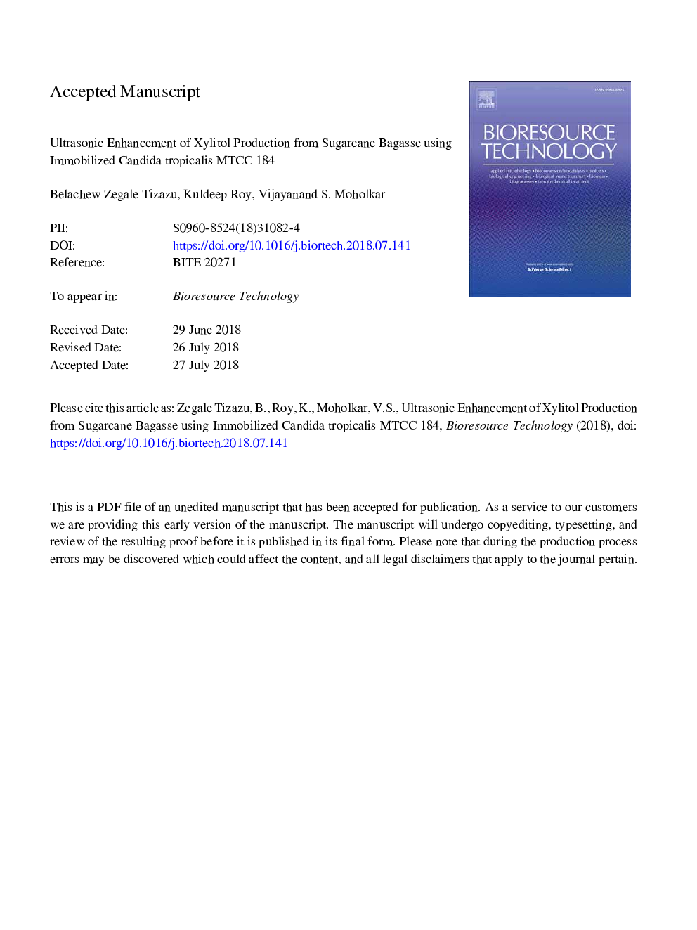 Ultrasonic enhancement of xylitol production from sugarcane bagasse using immobilized Candida tropicalis MTCC 184