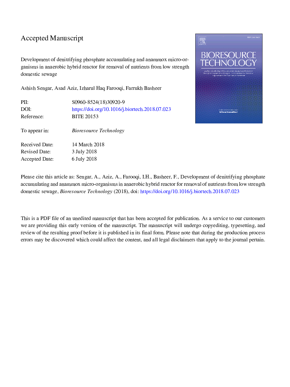 Development of denitrifying phosphate accumulating and anammox micro-organisms in anaerobic hybrid reactor for removal of nutrients from low strength domestic sewage