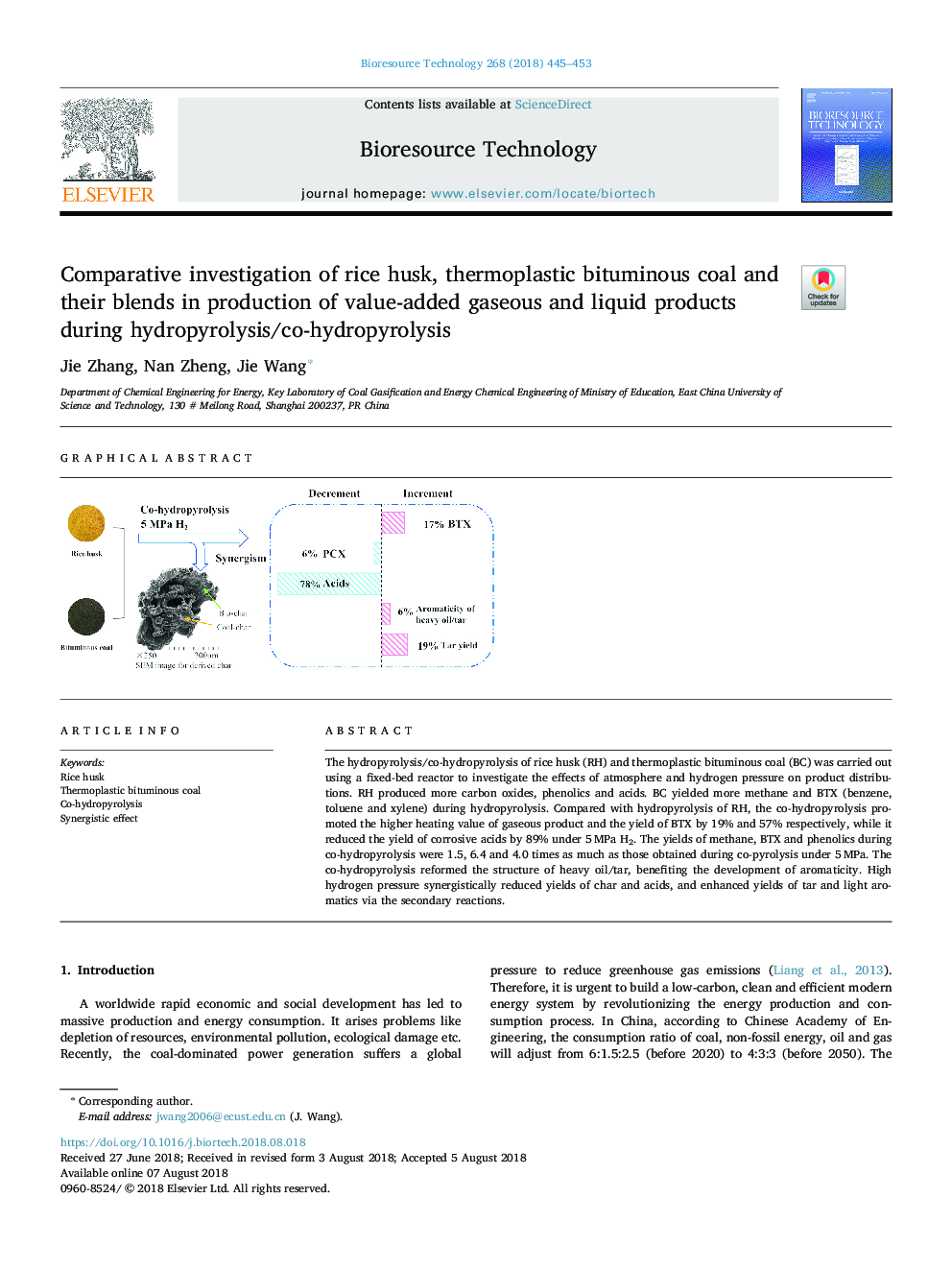 Comparative investigation of rice husk, thermoplastic bituminous coal and their blends in production of value-added gaseous and liquid products during hydropyrolysis/co-hydropyrolysis