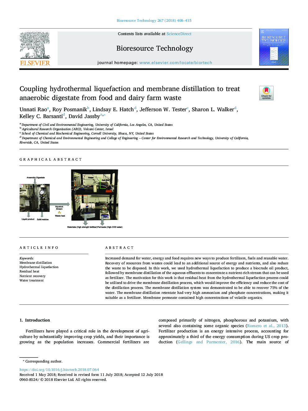 Coupling hydrothermal liquefaction and membrane distillation to treat anaerobic digestate from food and dairy farm waste