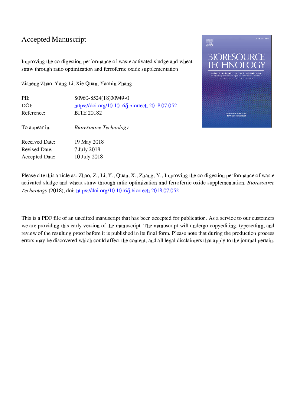 Improving the co-digestion performance of waste activated sludge and wheat straw through ratio optimization and ferroferric oxide supplementation