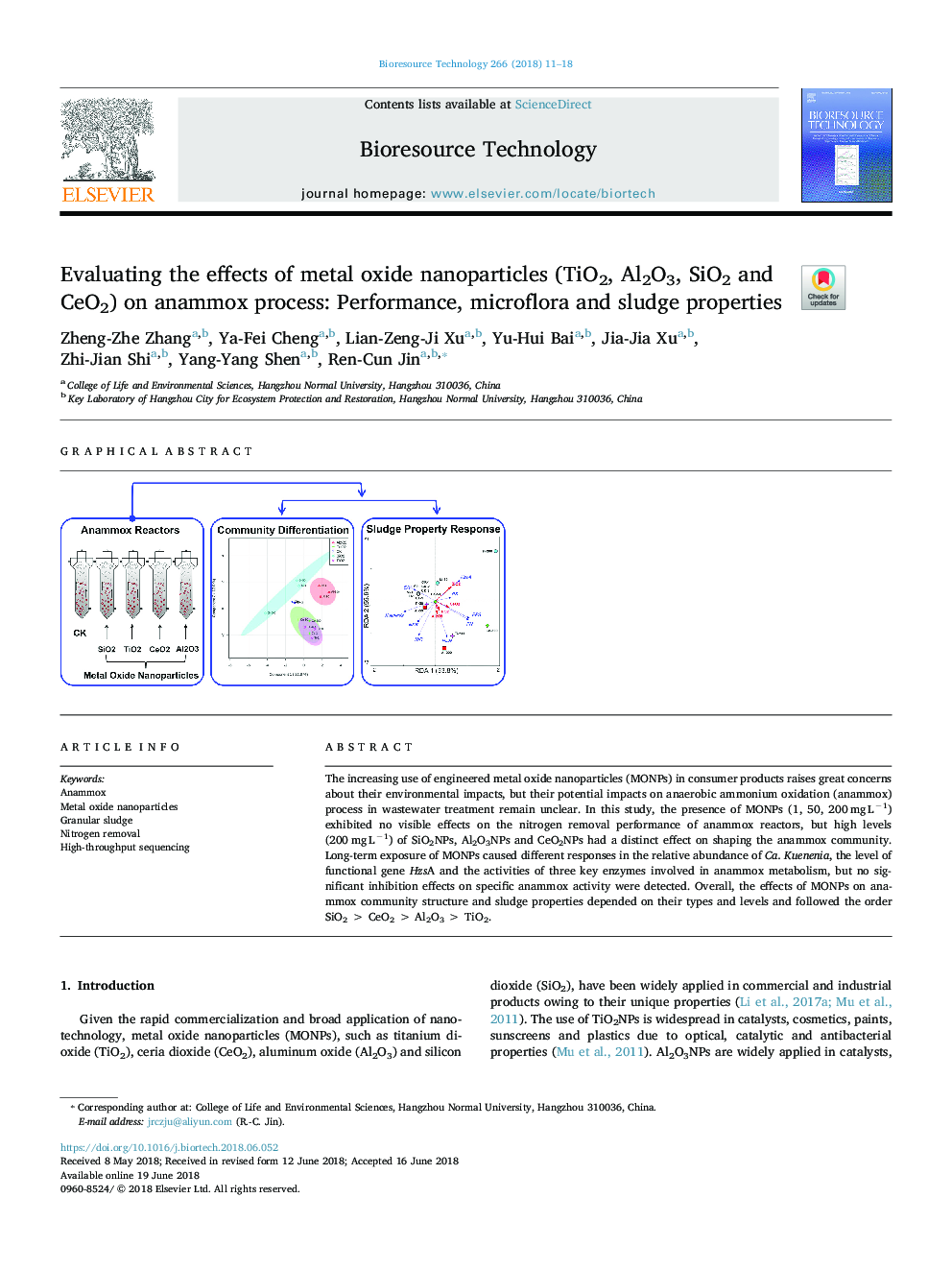 Evaluating the effects of metal oxide nanoparticles (TiO2, Al2O3, SiO2 and CeO2) on anammox process: Performance, microflora and sludge properties
