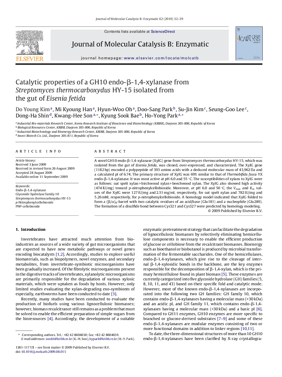 Catalytic properties of a GH10 endo-β-1,4-xylanase from Streptomyces thermocarboxydus HY-15 isolated from the gut of Eisenia fetida