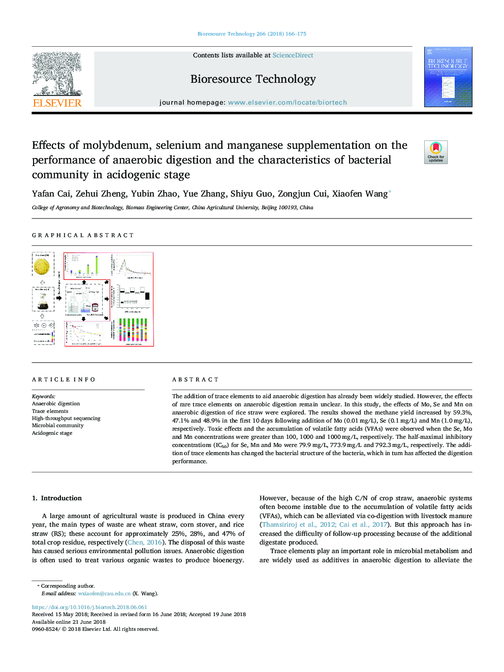 Effects of molybdenum, selenium and manganese supplementation on the performance of anaerobic digestion and the characteristics of bacterial community in acidogenic stage