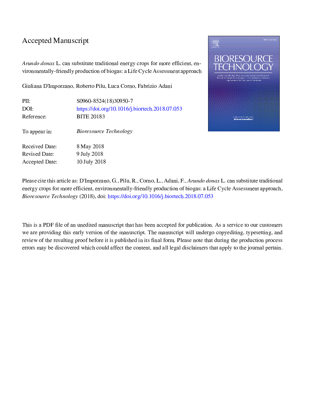 Arundo donax L. can substitute traditional energy crops for more efficient, environmentally-friendly production of biogas: A Life Cycle Assessment approach