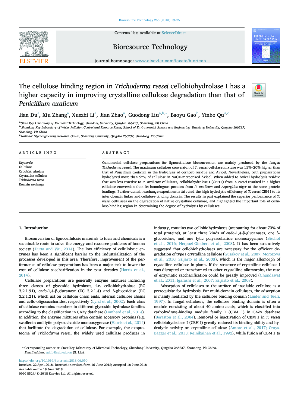عکس صفحه اول مقاله: The cellulose binding region in Trichoderma reesei cellobiohydrolase I has a higher capacity in improving crystalline cellulose degradation than that of Penicillium oxalicum The cellulose binding region in Trichoderma reesei cellobiohydrolase I has a higher capacity in improving crystalline cellulose degradation than that of Penicillium oxalicum