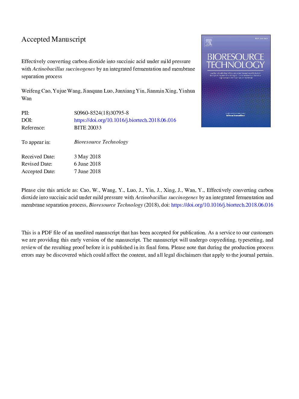 Effectively converting carbon dioxide into succinic acid under mild pressure with Actinobacillus succinogenes by an integrated fermentation and membrane separation process