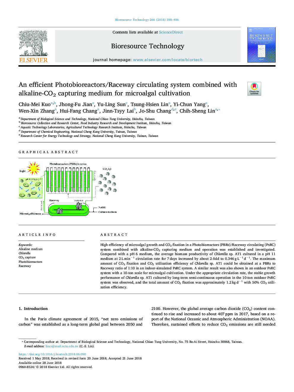 An efficient Photobioreactors/Raceway circulating system combined with alkaline-CO2 capturing medium for microalgal cultivation