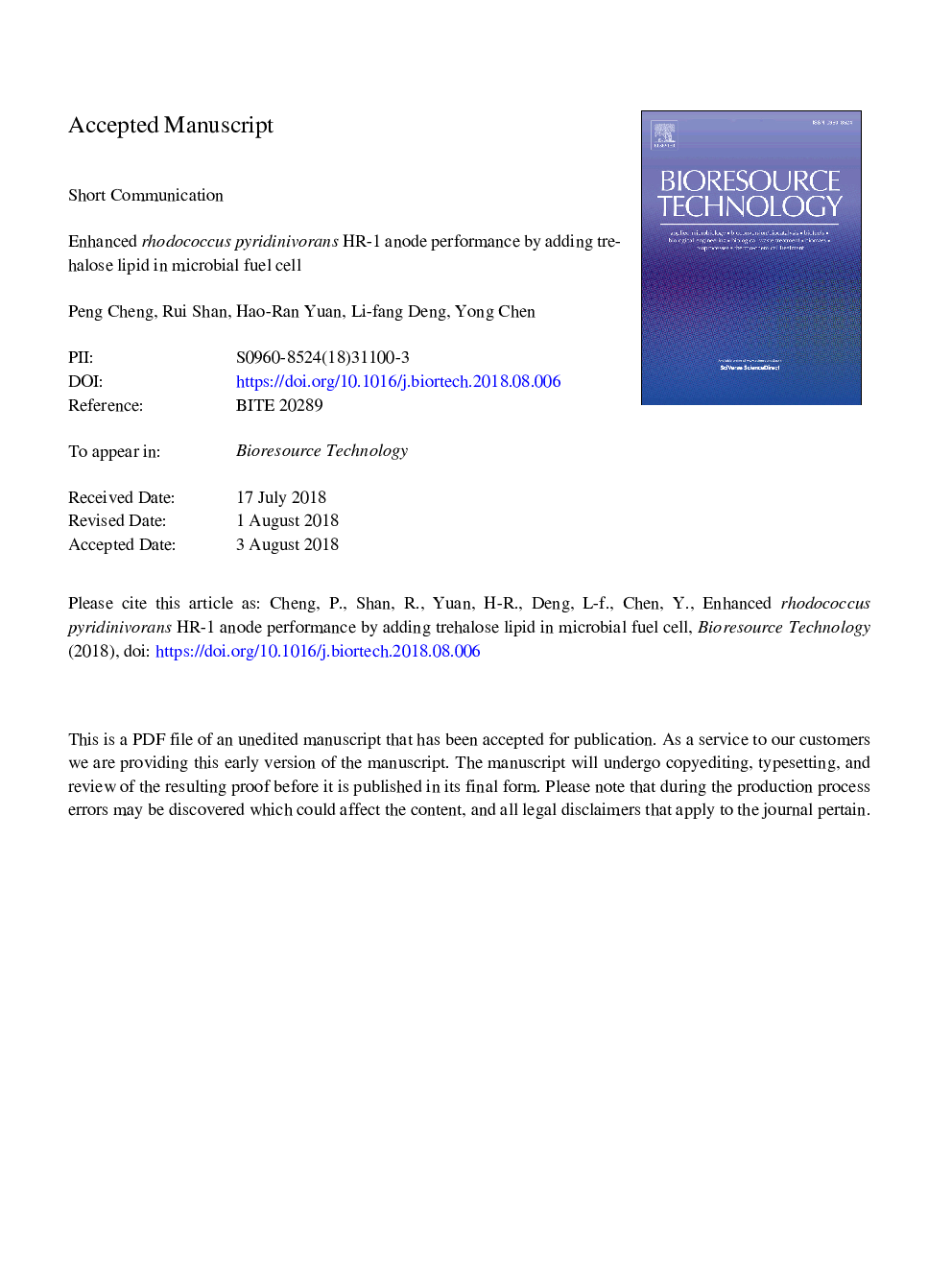 Enhanced Rhodococcus pyridinivorans HR-1 anode performance by adding trehalose lipid in microbial fuel cell