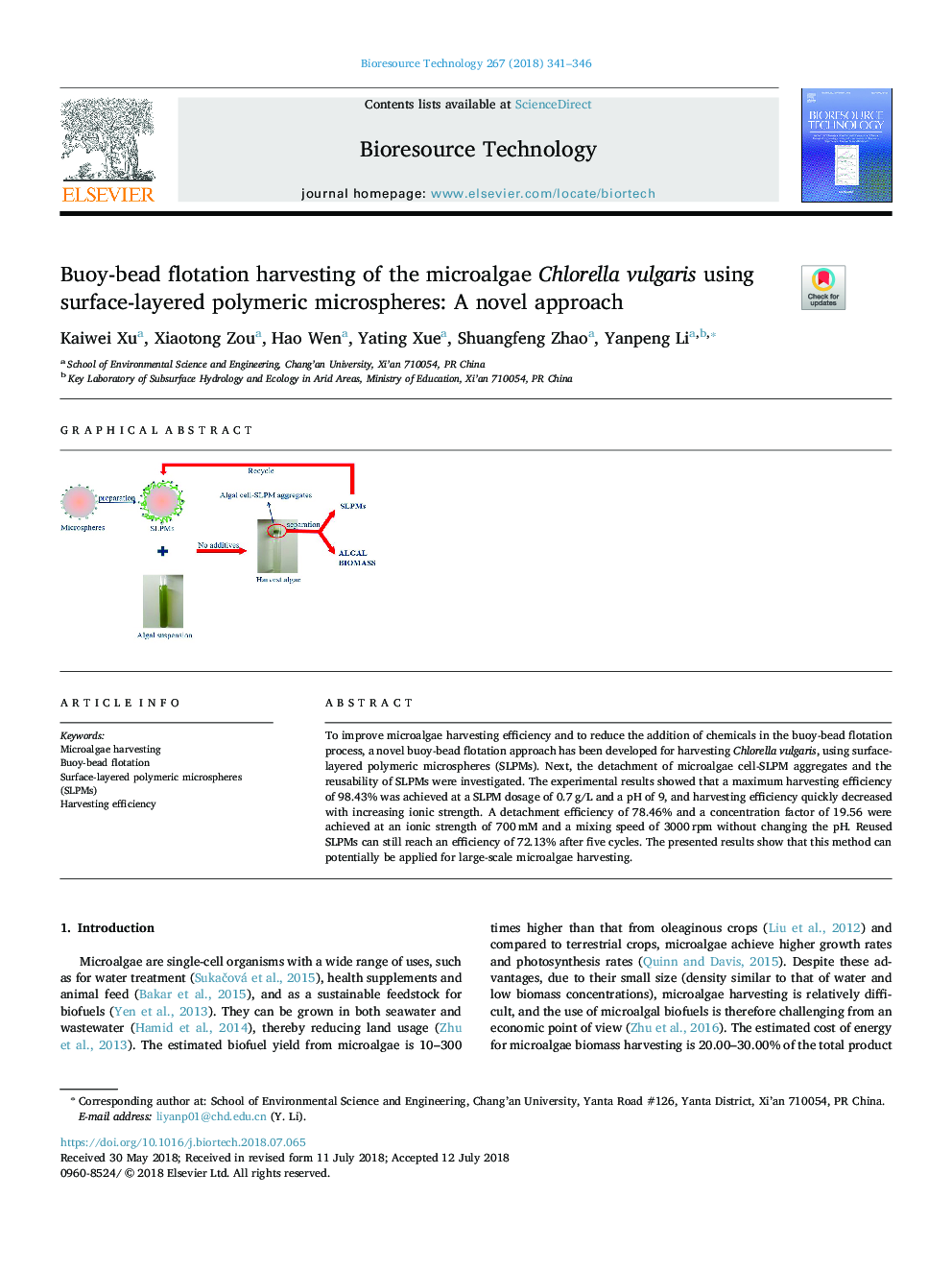 Buoy-bead flotation harvesting of the microalgae Chlorella vulgaris using surface-layered polymeric microspheres: A novel approach